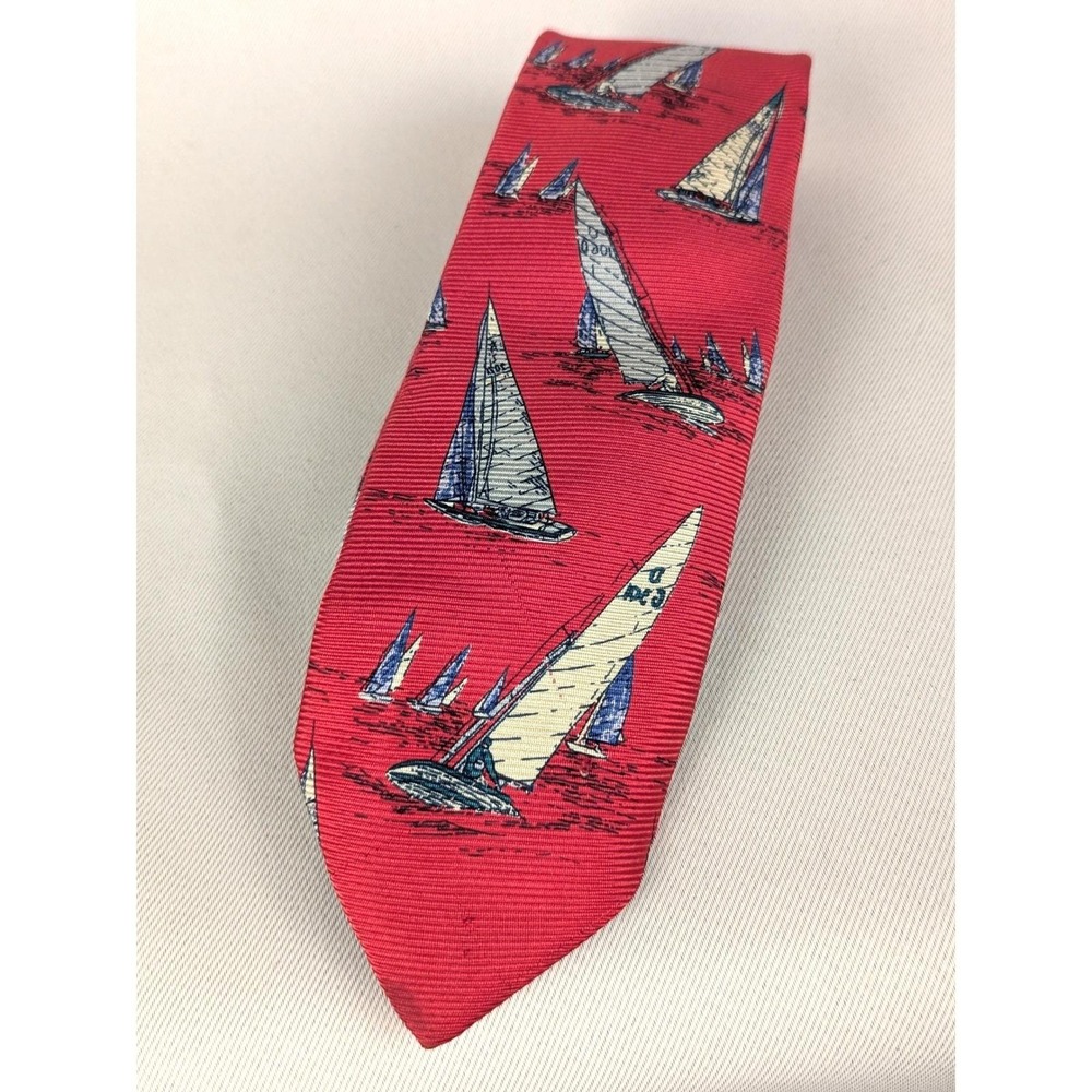 Vtg 90s SILK Polo Ralph Lauren Sailboat Regatta Tie Red White Blue Nautical USA